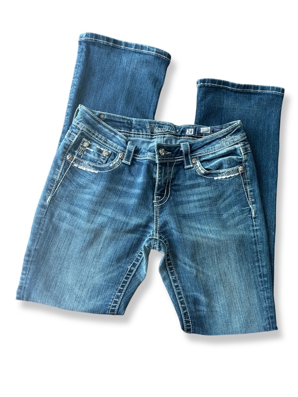 Miss Me Easy Boot Jeans Size 28 Bling Pocket Stretch Bootcut Medium Wash Y2K